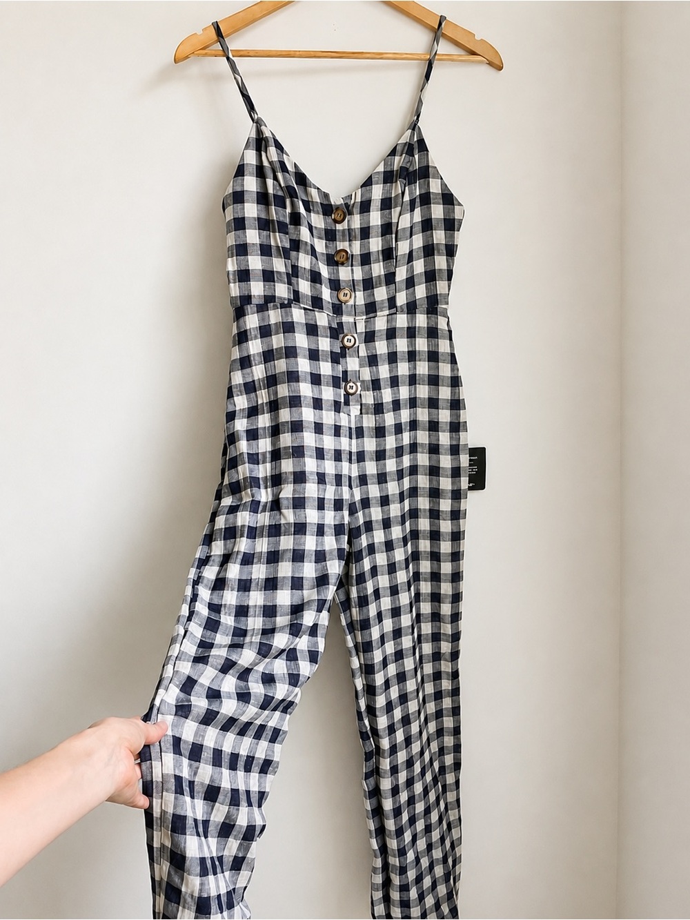 Lulu's Navy Blue Gingham Button-Front Jumpsuit